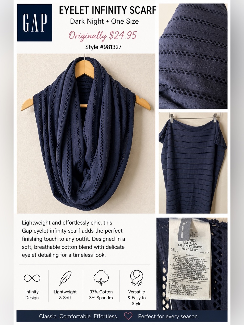 Gap Eyelet Infinity Scarf Dark Night Navy One Size Cotton Blend